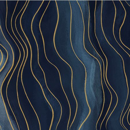 Abstract dark blue waves with gold lines.